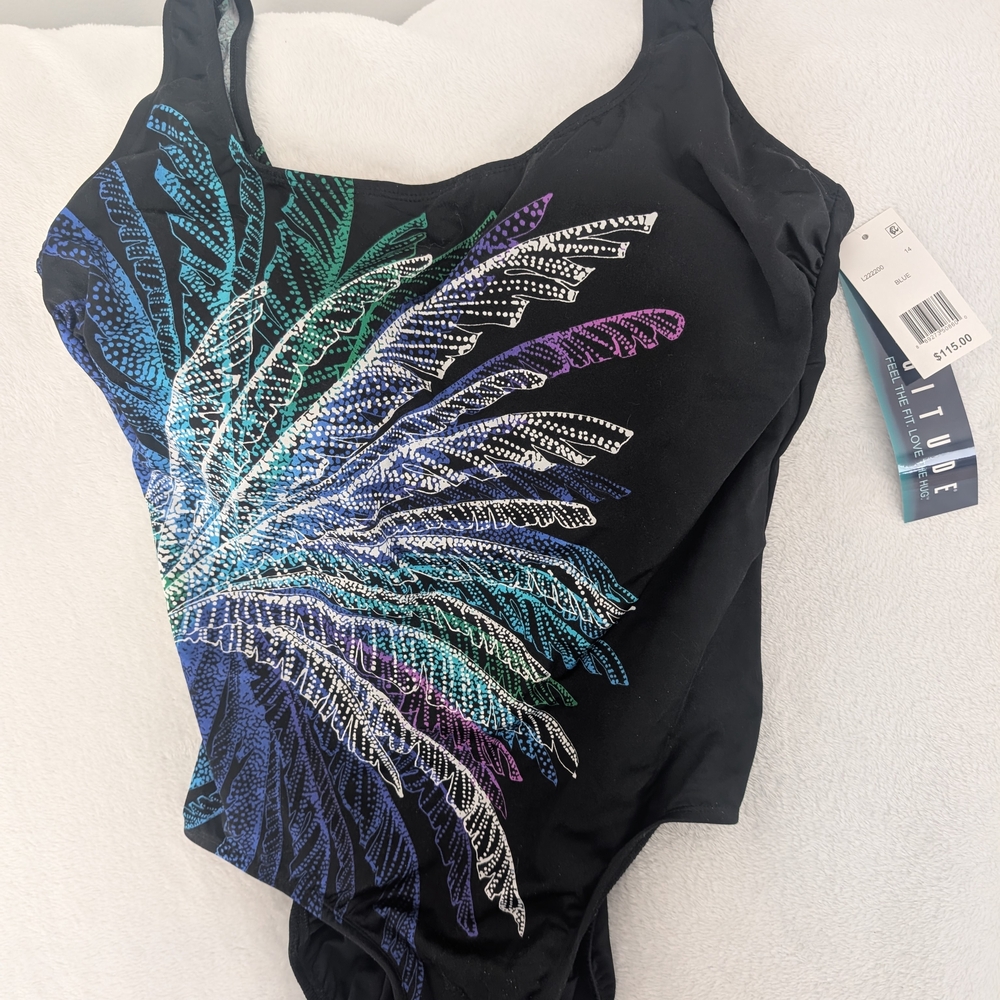 Longitude Black and Blue One Piece Swimsuit with Feather Design